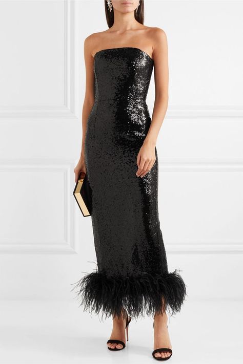 16Arlington Strapless Feather-Trimmed Sequined Tulle Midi Dress Black Feather Dress, Tulle Midi Dress, Feather Dress, Event Dresses, Black Midi Dress, Sequin Dress, Net A Porter, Classy Outfits, Strapless Dress Formal