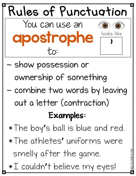 Apostrophe Anchor Chart, Punctuation Practice, Grammar Anchor Charts, Punctuation Posters, 2nd Grade Writing, Homeschool Writing, Writing Anchor Charts, 4th Grade Writing, Writing Instruction