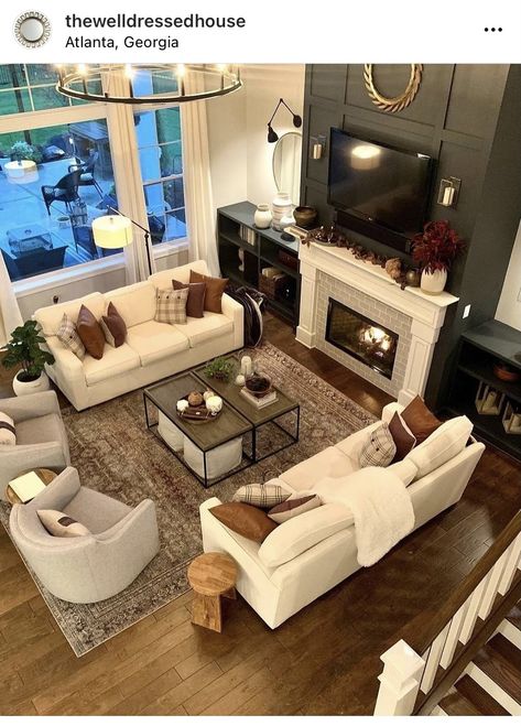 Furniture In Long Living Room, Furniture Layout Large Living Room, Two Matching Couches Living Room, Tv Above Fireplace Furniture Arrangement, Couch And Two Chairs Layout Tv, Maximize Seating In Living Room, Sofa With Chaise Living Room Layout Cozy, Square Shape Living Room Ideas, Living Room Decor With Ottoman