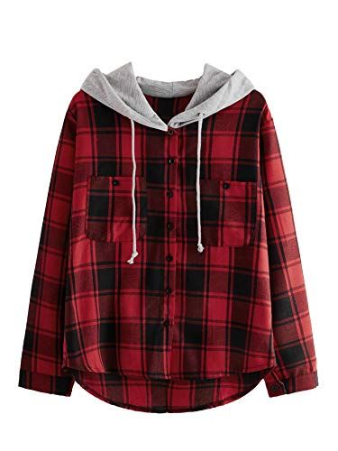 Tartan Blouse, Drop Shoulder Shirt, Plaid Hoodie, Blouse Tops, Loose Fitting Tops, Long Sleeve Plaid, Button Down Blouse, Jacket Buttons, Teen Fashion Outfits