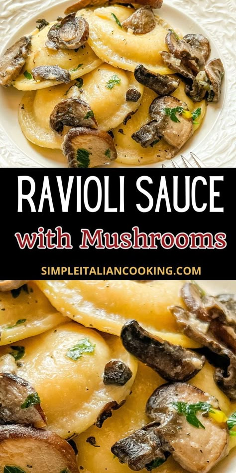 Here's a delicious and easy mushroom ravioli sauce for your pasta. Whether for ravioli or other pasta, this butter sauce is perfect and turns your dinner from "eh" to "amazing!" This frozen ravioli recipe is perfect for date nights, holidays, or weeknights and can be made in 20 minutes. Super economical too. Short Rib Ravioli Sauce, Cajun Ravioli, Sauce For Ravioli Easy, Ravioli Recipes Dinners, Cheese Ravioli Recipe Frozen, Ravioli With Shrimp, Mushroom Ravioli Sauce, Frozen Ravioli Recipes, Ravioli Dinner Ideas