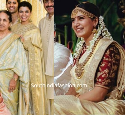 Samantha repeated her wedding saree at Ashritha’s wedding! Wedding Saree Ideas Indian Fashion, Gold Wedding Saree Bridal Sari, South Indian Wedding Saree White, Samantha Wedding Saree, Muhurtam Sarees South Indian, White Saree Wedding South Indian, Telugu Bridal Saree, Telugu Bride Saree, Cream Saree Combination