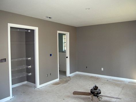 Behr Fashion Gray. Seriously in love with this color. Just finished painting it in the dining room. ~Leah Behr Fashion Gray, Gray Study, Gray Bathrooms, Closet Idea, Apartment Painting, New Room Decor, Stripe Wall, Color Bedroom, Revere Pewter