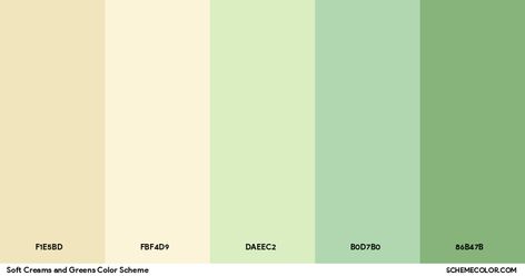 Soft Creams And Greens Color Scheme » Cream Pastel Green Pallete, Light Green Color Combinations, Pastel Green Color Palette, Soft Green Color Palette, Color Scheme Generator, Web Design Color, Green Color Combinations, Hexadecimal Color, Green Name