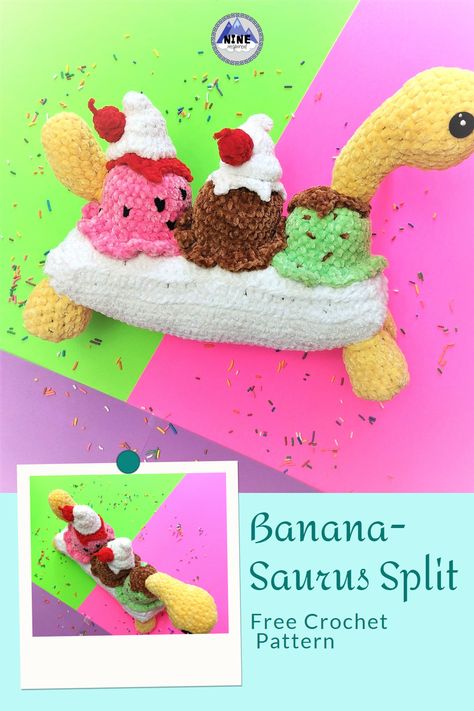 Bananasaurus Split Amigurumi Crochet Pattern - Nine Inspired Dinosaur Ice Cream, Ice Cream Crochet, Green Ice Cream, Crochet Cake, Crochet Plushie, Half Double Crochet Stitch, Plushie Patterns, Chenille Yarn, Red Yarn