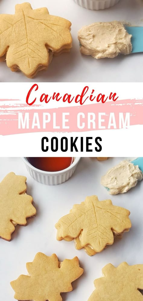 Canadian maple cream cookies on a marble kitchen counter Maple Cookies Recipe, Canada Day Food, Maple Syrup Cookies, Maple Desserts, Canada Recipes, Canadian Dessert, Maple Leaf Cookies, Canadian Dishes, Canadian Christmas