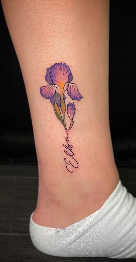 Iris Chest Tattoo, Purple Iris Tattoo, Sailing Tattoo, Pansy Tattoo, Iris Flower Tattoo, Blue Iris Flowers, Mum Tattoo, Flower Spine Tattoos, Iris Tattoo