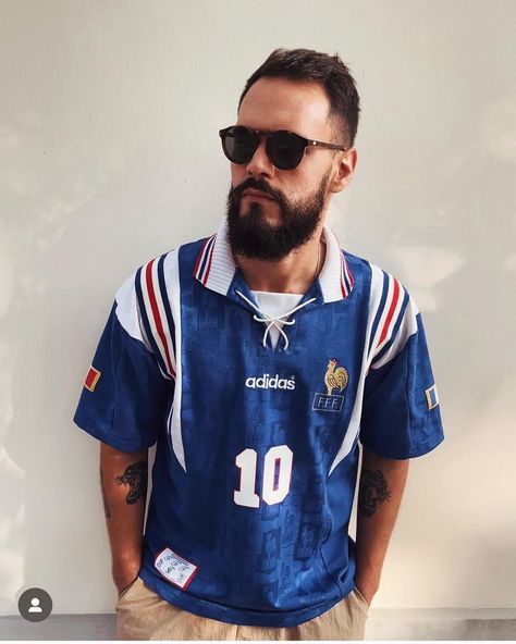 🇫🇷 European retro design and aesthetic brilliance: This stunning France home jersey is a canvas of creativity and French elegance. Immerse yourself in the tricolor splendor of blue, white, and red – the very colors that symbolize the heart and soul of France. The jersey’s unique design is a masterpiece, embodying the flair and finesse of French football. From the elegant cockerel emblem to the tastefully embroidered FFF crest, every stitch is a nod to France’s footballing heritage. 🏆 Tournam... Vintage Football Shirts, Retro Football Shirts, French Elegance, Football Fashion, European Cup, Jersey Outfit, Retro Football, Vintage Jerseys, Vintage Football