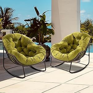 Villeston Outdoor Papasan Rocking Chair - Oversized Comfy Patio Chair Set of 2 Indoor Egg Royal Double Rattan Rocking Chair with Cushion for Front Porch Lounge Lawn Bedroom(Green Velvet) Colorful Patio Furniture, Rattan Rocking Chair, Colorful Patio, Rattan Material, Round Chair, Woven Rattan, Bedroom Green, Egg Shape, Egg Chair