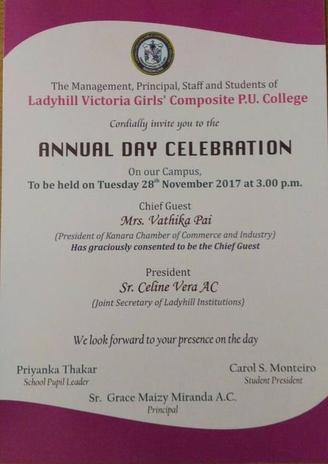 Invitation: Annual Day Celebration - 2017 - Lady Hill Victoria Composite PU College School Annual Day Invitation Card Design, Annual Day Invitation Card Design, Annual Function Invitation Card School, Annual Day Invitation Card School, School Invitation Card Design, School Invitation Card, Quotes For College, Kindergarten Syllabus, Invitation Quotes