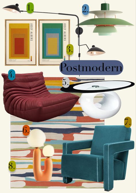 A mood board with different decor and furniture in reflection of postmodern design elements. Post Modern Furniture Design, Post Modern Style Interior Design, Bauhaus Room Decor, Bedroom Post Modern, Postmodern Bedroom Design, Post Modernism Interior Design, Bauhaus Aesthetic Interior Design, Postmodernism Interior Design, Postmodernism Furniture