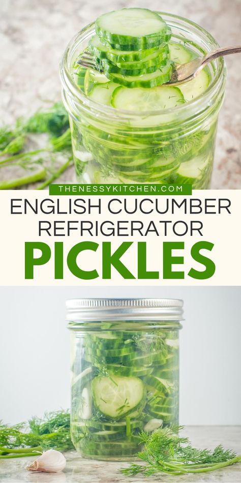 Learn how to make dill pickles! They're an easy 4th of July recipe. Crispy and crunchy, sweet and sour, these refrigerator pickles are the BEST. Great as a simple summer side dish, snack, and more! So, grab an English cucumber for this homemade condiment! Simple Pickled Cucumbers, How To Make Pickles From Cucumbers Easy, Pickled Pickles Recipes, English Cucumber Pickle Recipes, Pickled English Cucumbers, How To Make Dill Pickles From Cucumbers, Refrigerator Dill Pickles Crunchy, English Cucumber Pickles, Sour Dill Pickle Recipe