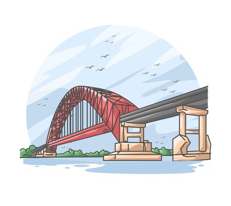 Premium Vector | Red bridge on the river flat cartoon illustration Bridges Illustration, Bridge Cartoon, Bridge Vector, Bridge Illustration, Industrial Background, Road Markings, Paver Walkway, Road Work, Inspiration Painting