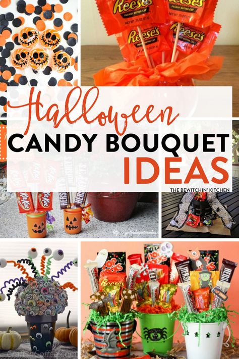 Halloween Candy Bouquet Ideas - 7 easy DIY candy bouquets for fun Halloween party decor or special trick or treaters. Plus they're fun to make! Diy Halloween Basket, Candy Bouquet Ideas, Easy Diy Candy, Halloween Candy Crafts, Candy Bar Bouquet, Diy Halloween Candy, Halloween Prizes, Diy Halloween Gifts, Halloween Candy Bar