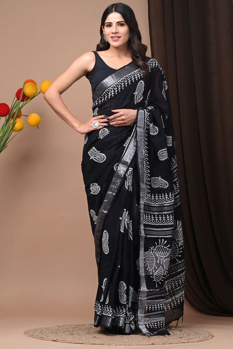 Black Cotton Saree, Saree Pattern, Saree Wearing, Saree Wearing Styles, Cotton Saree Blouse, Cotton Saree Designs, Fashionable Saree Blouse Designs, Block Print Saree, Linen Sarees