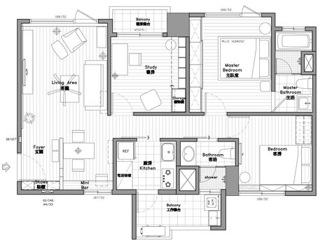 Both of these beautiful apartments make great use of open living areas to maximize the usability of their floor plans, each measuring up at under 100 square met 100 Square Meter House Design, 2 Bedroom Apartment Floor Plan, 3 Bedroom Home Floor Plans, Beautiful Bungalow, Floor Plan With Dimensions, Apartment Plan, Office Floor Plan, Plan Floor, Modern Apartment Design