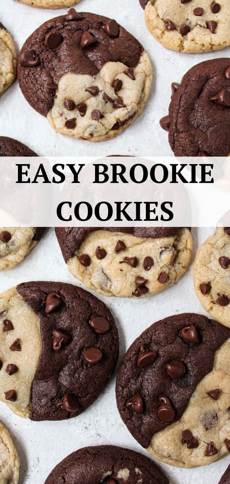 Brookie Cookies are half soft and chewy chocolate chip cookie and half thick and fudgy brownie. They are no-chill, quick, and easy! Half Brownie Half Chocolate Chip Cookie, Brownie And Chocolate Chip Cookies, Half Cookie Half Brownie, Beginner Cookie Recipes, Friendship Cookies Recipe, Half And Half Cookies, Brookie Cookie Recipe, Crispy Chocolate Chip Cookie Recipe, Cookie And Brownie Together