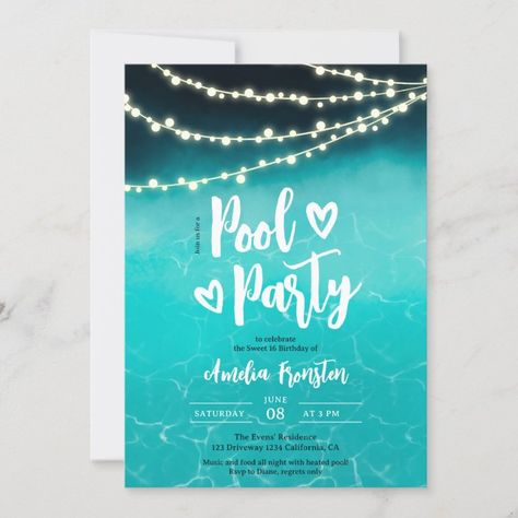 Evening String lights blue pool party Sweet 16 Invitation | Zazzle Pool Party Blue Theme, Pool Party Sweet 16, Blue Pool Party, Blue String Lights, Pool Party Invitations, Blue Pool, Sweet 16 Invitations, Pool Party, Sweet 16