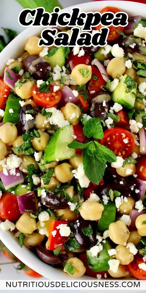 This Chickpea Salad features a vibrant mix of crisp veggies, creamy feta, and savory chickpeas. It's tossed in a tangy homemade citrus dressing that makes every forkful irresistibly delicious. Chickpea Veggie Salad, Garbanzo Salad Recipes, Chick Peas Salad Healthy, Garbanzo Salad, Chickpeas Salad, Pea Salad Recipes, Mediterranean Chickpea Salad, Creamy Feta, Citrus Dressing