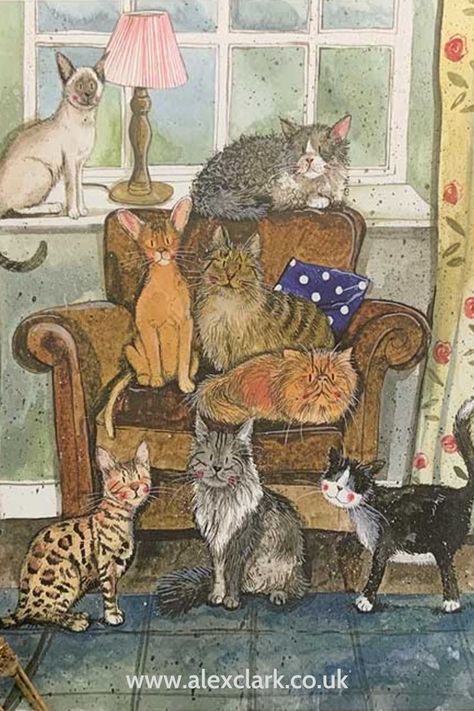 Close up image of a Cat House Art Print from Alex Clark Art. The whimsical illustration has seven types of cat on and around a brown armchair. Cat Presents, Clark Art, Cat Cushion, House Art, Clear Bag, Cat Cards, Cat Birthday, House Kitchen, Cotton Tea Towels