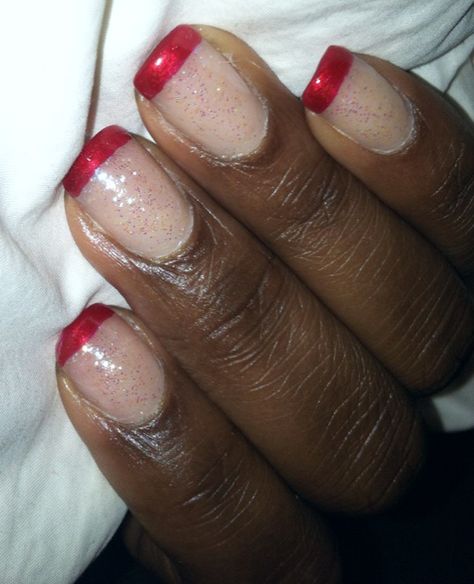 Red tipped French manicure with glitter base. Glitter French Tip Pedicure, Red Glitter French Tip, French Manicure With Glitter, Manicure With Glitter, French Tip Pedicure, Glitter French Tip, Glitter French Tips, Glitter French Manicure, Eye Nails