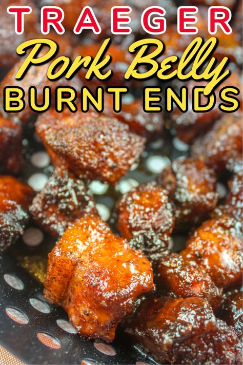 Smoked Pork Belly Burnt Ends are like little pieces of candy MADE OF BACON!!! They're sweet, savory, salty morsels of heaven! They're also a lot easier than you think - I made them on my Traeger Grill and they melt in your mouth! Perfect for your next get-together - or heck - just eat them all yourself! via @foodhussy #ad #wisconsinpork #usapork Traeger Pork Belly Burnt Ends, Pork Belly Burnt Ends Traeger, Pork Belly Traeger, Traeger Burnt Ends, Pork Belly On Pellet Grill, Smoked Pork Belly Burnt Ends, Recteq Recipes, Pork Candy, Traeger Ideas