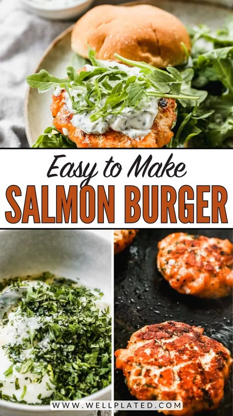 How to cook PERFECT salmon burgers from scratch! These burgers are fresh, juicy and can be made on the stove or grill. Topped with a creamy Greek yogurt burger sauce topping, they're delicious, healthy, gluten free, and perfect for meal prep. #wellplated #salmon Salmon Burger Toppings, Salmon Burger Sauce, Burgers From Scratch, Costco Salmon, Healthy Salmon Burgers, Perfect Salmon, Salmon Burger Recipe, Canned Salmon Recipes, Salmon Burger