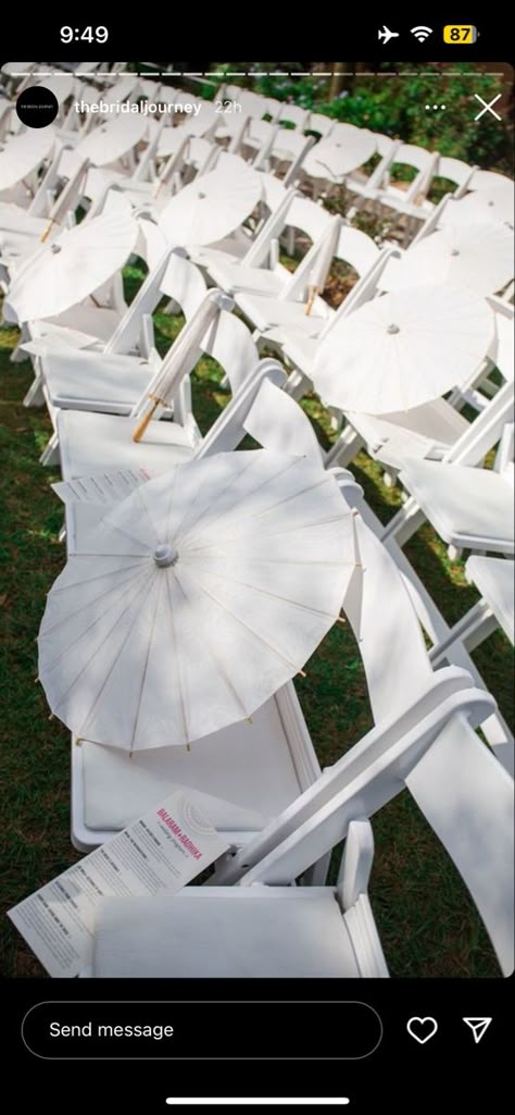 White Sun Umbrella Wedding, Wedding Guest Umbrellas, White Wedding Umbrella, Wedding Parasol Ideas, White Paper Umbrellas Wedding, White Umbrellas Wedding, Parasol Wedding Ceremony, Dior Garden Party, Umbrella At Wedding