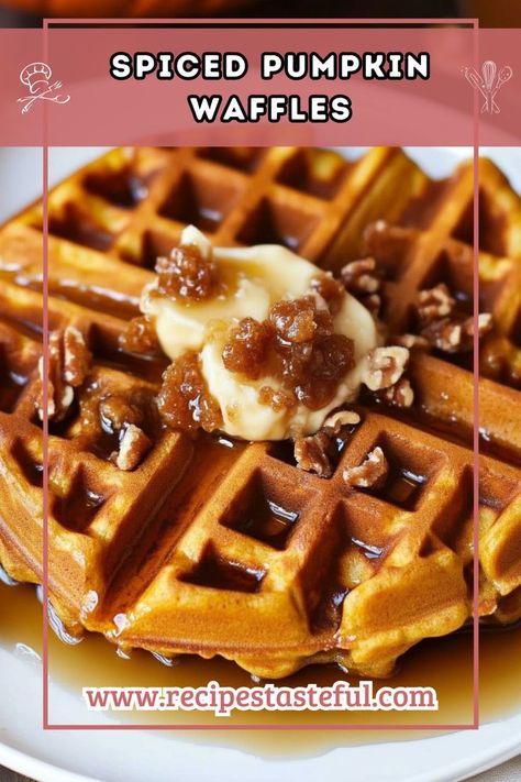 These cozy Spiced Pumpkin Waffles are perfect for autumn breakfasts or brunches. Enhanced by the nutty flavor of brown butter maple syrup, they elevate any morning routine, making them ideal for holiday meals or meal prep. Pumpkin Waffles Recipe, Pumpkin Spice Waffles, Pumpkin Pecan Pie, Waffles Recipe, Pumpkin Waffles, Waffle Toppings, Pumpkin Spice Syrup, Pumpkin Butter, Spiced Pumpkin