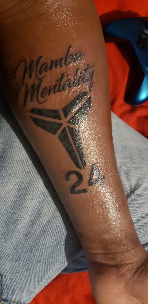 Kobe Bryant Mamba Mentality Tattoo 24 Mentality Tattoo Men, Kobe Tattoo Ideas For Men, Mamba Mentality Tattoo Design, Kobe Tattoo Black Mamba, Mamba Mentality Tattoo Ideas, Mamba Mentality Wallpaper, Kobe Tribute Tattoo, Mamba Mentality Tattoo, Kobe Tattoos Ideas