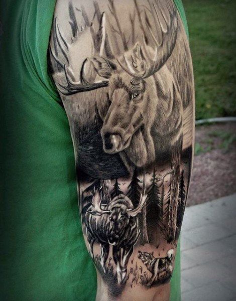 Half Sleeve Cool Men's Hunting Tattoos Natur Tattoo Arm, Moose Tattoo, Wildlife Tattoo, Hunting Tattoos, Petit Tattoo, Deer Tattoo, Bear Tattoos, Men Tattoos, Tattoos Skull