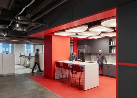 Cafeteria Design, Boston Food, Office Pantry, Red Office, Office Tour, Corporate Office Design, Lunch Room, Office Furniture Design, Cement Floor