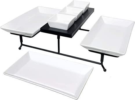 Amazon.com | The Most Versatile 3 Tier Serving Tray. Collapsible metal stand with 3 plates & 3 bowls on black wood base. Tiered tray party food server display for appetizers, cupcakes, fruit, cheese, desserts.: Platters Marathon Party, 3 Tier Tray, 3 Tier Serving Tray, Tier Serving Tray, Elegant Plates, Stacking Bowls, Serving Stand, Serving Tray Set, Tiered Stand