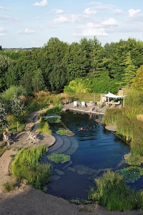 a cool and large swimming pond with brick staps and a wooden deck with outdoor furniture, greenery and water plants Big Pond Landscaping, Manmade Pond, Cottage Pond, Cement Pond, Pond Deck, Dog Resort, Farm Goals, Big Pond, Farm Pond