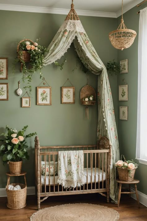 Practical Magic Nursery, Nursery Ideas Magical, Witch Nursery Ideas, Baby Nursery Wall Ideas, Cream Color Nursery, European Farmhouse Nursery, Nursery Girls Room, Cool Nursery Decor, Vintage Baby Room Decor