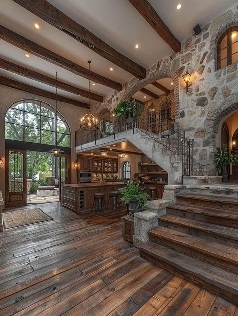 Mountain Staircase, Rustic Farmhouse Living Room Ideas, Farmhouse Living Rooms, Farmhouse Living Room Ideas, Rustic Farmhouse Living Room, Barn Style House Plans, Dream Life House, Rustic Home Design, Farmhouse Living Room