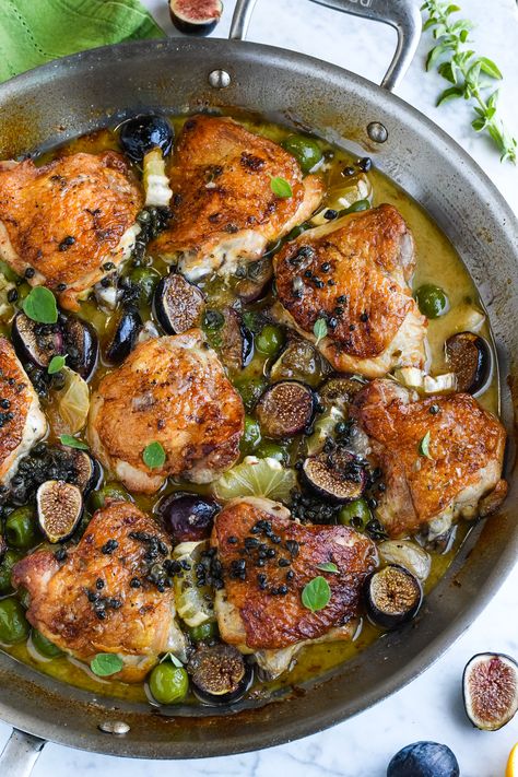 Chicken with Figs, Olives and Lemons Chicken With Figs, Fig Chicken Recipes, Juicy Chicken Thighs, Sauteed Greens, Sauteed Kale, Healthy Paleo Recipes, One Pan Chicken, Sauteed Chicken, Dried Figs