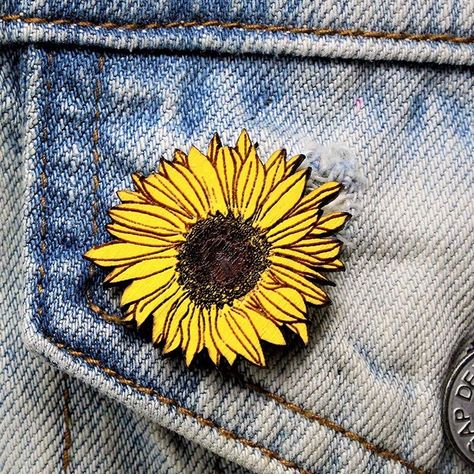 A handmade, hand painted sunflower brooch to add a pop of color and personality to their bags, clothing, or jackets. Wooden Sunflower, Cheap Stocking Stuffers, Sunflower Brooch, Hand Painted Gifts, Handmade Inspiration, Butterfly Pin, Birth Month Flowers, Seasonal Flowers, Brooches Handmade