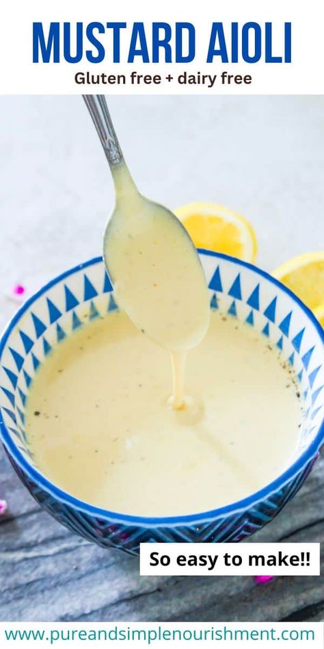 This is the best homemade mustard aioli recipe. It is so easy to make with simple ingredients like mayonnaise, dijon mustard and maple syrup. This sauce is dairy free and gluten free and can be made vegan too. It can be used in so many ways including as a dip, dressing, sauce or marinade. Aoli Recipes, Mustard Aioli Recipe, Sauce For Tuna Steak, Easy Healthy Dips, Aioli Sauce Recipe, Mustard Aioli, Homemade Aioli, Homemade Mustard, Mustard Dip