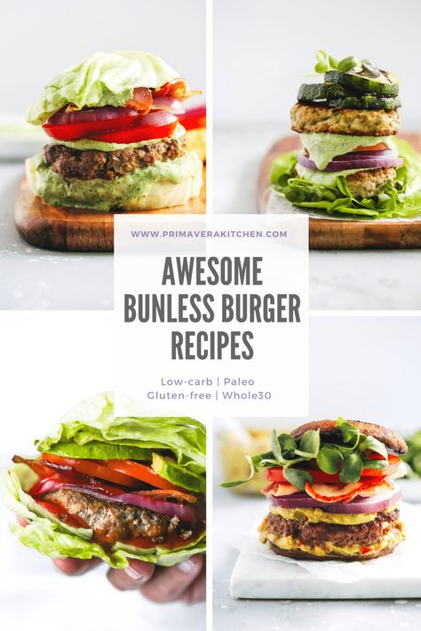 5 Low-Carb Bunless Burger Recipes - Primavera Kitchen Breadless Burgers, Burger Recipes Healthy, Whole30 Burger Recipes, Meals Planning, Avocado Cucumber Salad, Bunless Burgers, Healthy Burger Recipes, Creative Burger, Bread To Make