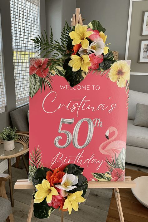 10 CREATIVE 50TH BIRTHDAY PARTY IDEAS FOR THE ULTIMATE TROPICAL BASH - My Blissful Corner Tropical 60th Birthday Party, 60th Birthday Ideas For Mom Party, Tropical Birthday Decorations, Luau Graduation, 60th Birthday Ideas For Mom, Garden Theme Party, Tropical Theme Party, Moms 50th Birthday, Luau Party Decorations