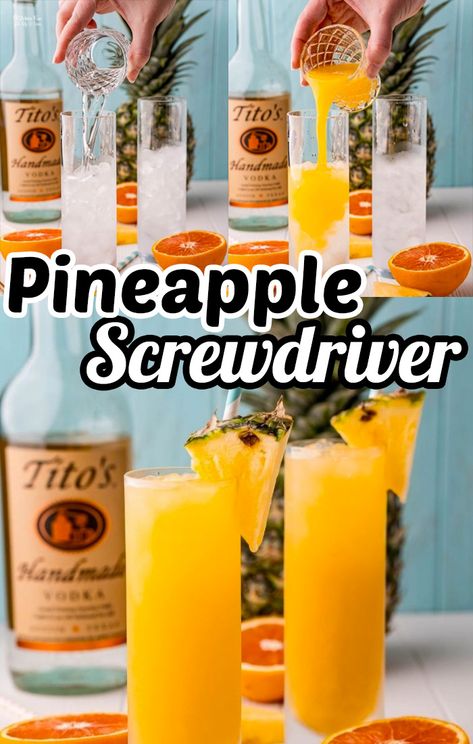 Cocktails On The Go, Pineapple Screwdriver, Bridgeton Party, Screwdriver Drink, Flavored Vodka Drinks, Fruity Cocktail Recipes, Hippie Juice, Pineapple Vodka, Fruity Cocktail