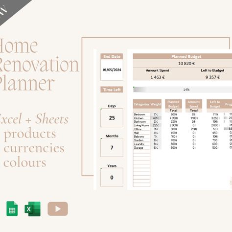 Ultimate tool for turning your home improvement dreams into reality. This powerful Excel product is your key to successful home renovations, offering comprehensive budgeting features. With this intuitive spreadsheet, you can effortlessly plan and track every aspect of your renovation, from selecting materials to scheduling contractors. Stay on top of your project with detailed timelines, expense tracking, and task management. Download our Excel Home Renovation Planner today. Let's PlanWithExcel! Home Renovation Checklist, Budget Tracker Template, Excel Planner, Home Renovation Planner, Renovation Checklist, Excel Dashboard Templates, Renovation Planner, Renovation Budget, Planner Organiser