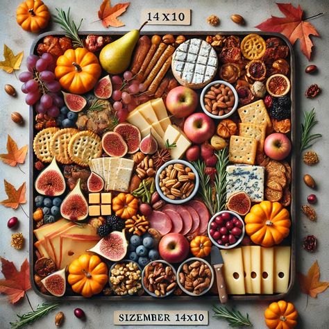 Autumn Harvest Charcuterie Tray **What's on the Tray:** - **Artisanal Cheeses:** A mix of soft and hard cheeses, perfect for fall pairings. - **Cured Meats:** Slices of salami, prosciutto, and pepperoni. - **Seasonal Fruits:** Apples, pears, and figs. - **Roasted Nuts:** A selection of almonds and walnuts. - **Crackers:** Assorted crackers and breadsticks. - **Dried Fruits:** Dried apricots and cranberries. - **Fresh Herbs:** Sprigs of rosemary for garnish. - **Decorative Elements:** Mini pu... Autumn Snack Board, Autumnal Charcuterie Board, Elegant Fall Charcuterie Board, Fall Charcuterie Board Caramel Apple, Harvest Cheese Board, Autumn Charcuterie, Charcuterie Board Meats, Seasonal Fruits, Fantasy Food