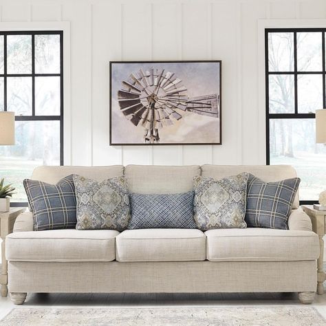 Signature Design by Ashley Traemore Sofa in Linen | Nebraska Furniture Mart Countryside Living Room, Countryside Living, Lounge Suites, Inspire Me Home Decor, Linen Sofa, Take A Seat, Toss Pillows, Ashley Furniture, Foam Cushions