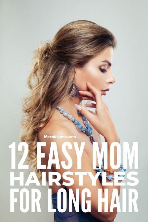 24 Quick and Easy Mom Hairstyles for Every Hair Length | If you're looking for simple hairstyles to elevate your look, but you're perpetually running late and need ideas you can achieve in like 5 minutes or less, this post is for you! Whether you have short, medium length, or long hair that's straight, wavy, or curly, these hairstyles will get you out the door looking your best. Perfect for stay at home moms, busy working moms, and everyone in between, these also double as good lazy day looks! Hair Styles For Staying At Home, Easy Mom Long Hair Styles, Easy Pull Back Hairstyles For Long Hair, Fast Easy Updos For Long Hair, Hair Styles For Long Hair Length Simple, Easy Casual Hairstyles For Medium Hair, Every Day Hairstyle, 5 Minute Hairstyles For Long Hair, Mom Hairstyles Long