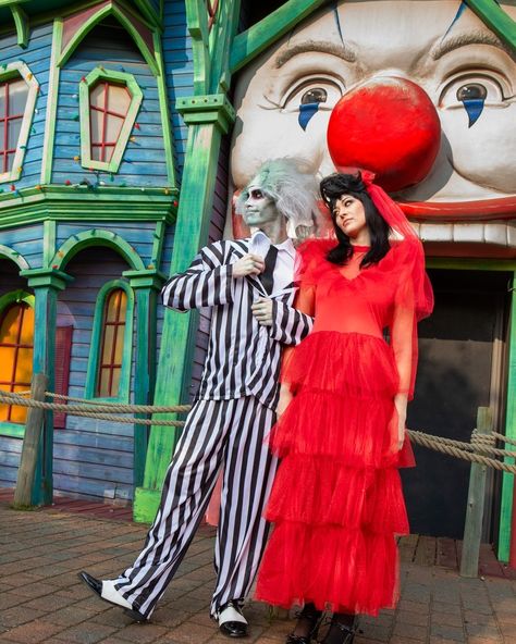 Ready to turn up the strange this Halloween? 🖤 ⚰️ Beetlejuice & his bride are serving spook and style for HALF the price! 💀👗 Get 50% off costumes at Zurchers and make your Halloween look scarily on point. But be careful, say Beetlejuice 3 times, and you might just take him home! 👻 #BeetlejuiceVibes #CostumeGoals #Halloween50Off #spookyseason #halloweencostumeideas #halloweencouplecostume #utahhalloween Lydia Deetz Costume, Beetlejuice And Lydia, Halloween Beetlejuice, Lydia Deetz, Halloween Looks, Couple Halloween Costumes, Be Careful, Beetlejuice, Turn Up