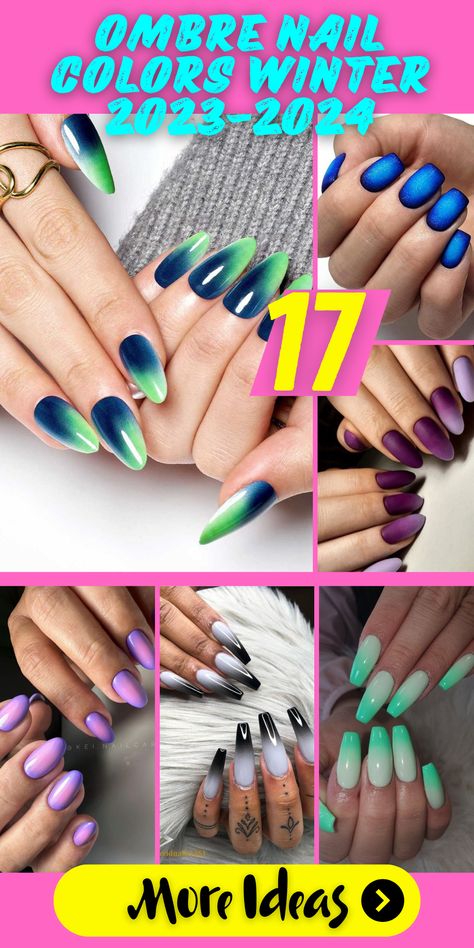 Pink Perfection: Ombre Nail Colors Ideas Winter 2023-2024: Embrace pink perfection with ombre nail colors ideas for winter 2023-2024. These trendy nail designs featuring shades like blue, pink, and green are perfect for short nails. Try almond or stiletto shapes and experiment with acrylic or gel nails for a bold statement. Stay ahead of 2023 nail trends with these 35 trending ombre nail art designs. Ombre Nail Designs Winter, Winter Ombre Nails Acrylic, Ombre Nail Ideas Acrylic, Blue Green Ombre Nails, Ombre Nail Colors Ideas, Nail Colors Ideas, Acrylic Or Gel Nails, Ombre Nail Colors, Latest Nails