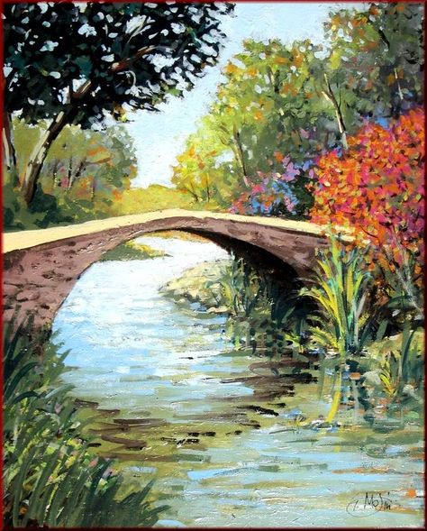 Old Bridge Painting Bridge Drawing, Bridge Painting, Romantic Paintings, Old Bridge, December 24th, Water Lily, Art Tips, Watercolor Landscape, Acrylic Art