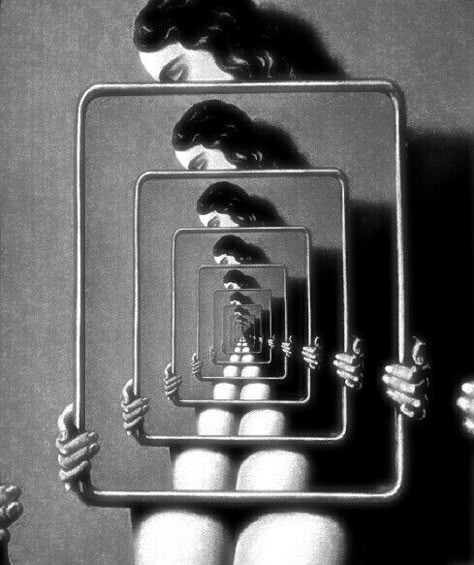 Mirrors Graphic Design, Mirror Optical Illusion, Mirror Reference Pose, 1960s Surrealism, Mirror Graphic Design, Black Mirror Aesthetic, Optical Illusion Photography, Fun House Mirror, Surrealism Ideas